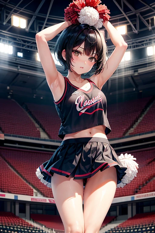 1lady,solo,thighs,armpid,raise your arms, clavicle focus,cute,black hair,short hair,cheerleader, have two pom poms,mini skirt,in stadium