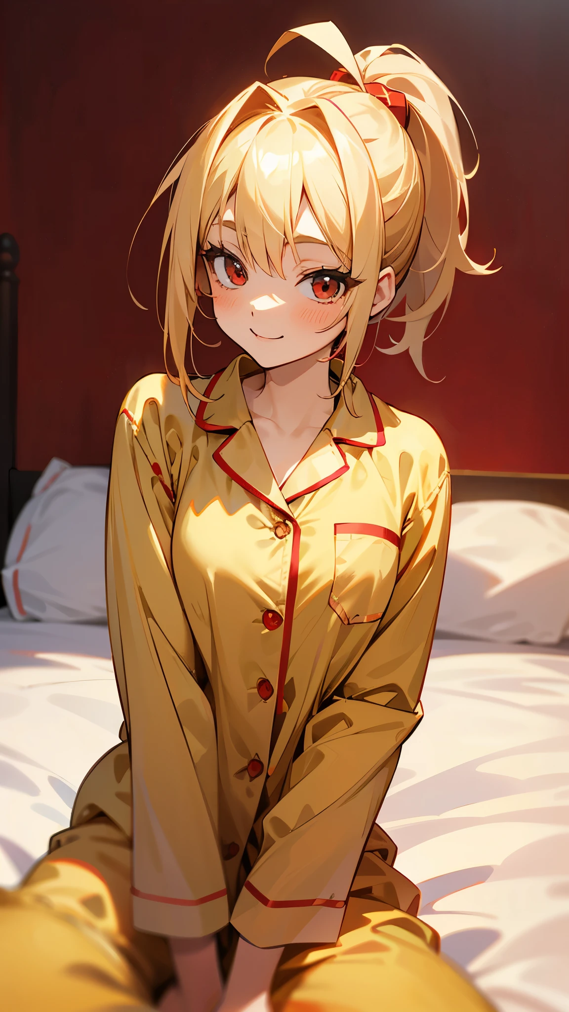 18-year-old girl sitting on bed、solo、Anime-style paintings、Wearing pajamas、Slim figure、Blonde ponytail、Ahoge、Beautiful red eyes、smile、smile、The soft texture of pajamas、Upper body close-up、Red and yellow based colors、Background blur、The depth of the drawn boundaries