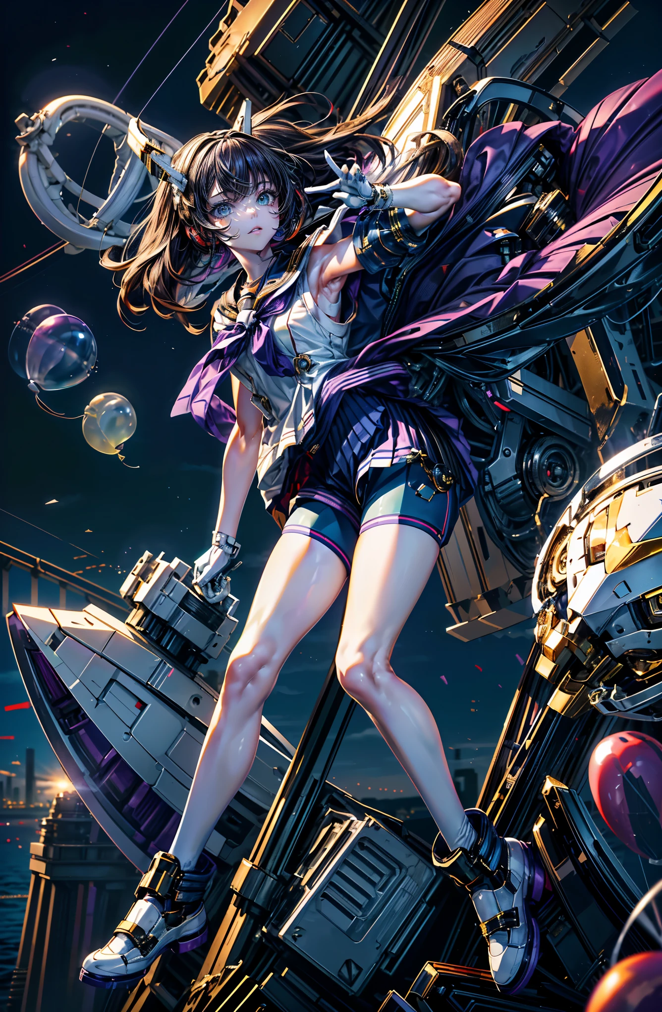 super high quality、8K quality、High resolution、Image quality captured with a single-lens reflex camera、SFW、Perfect Anatomy、Green Eyes、Rin々A funny expression、Justice Mecha Girl、Beautiful girl with dark brown hair、Mechanical parts with a three-dimensional feel（Exposed thighs、tights、return:1.2）(Navy Pleated Shorts、Wearing a white and purple sailor uniform: 1.4)(Stylish mechanical parts under the elbows and knees:1.3)break、（Perfect Anatomy:1.4）(Looking Away:1.4)break(Lots of colorful balloons:1.5)(dawn、Light of the sun、Aerial、Bayside with a view of the huge bridge:1.2)