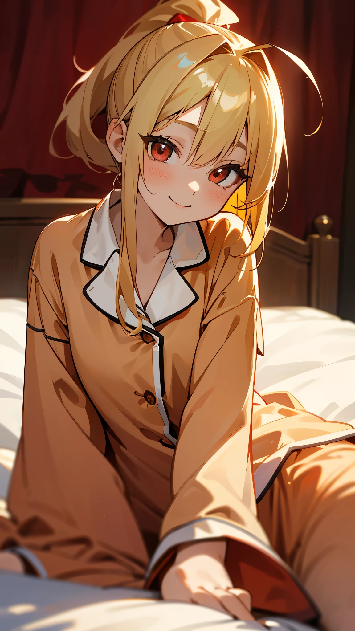 18-year-old girl sitting on bed、solo、Anime-style paintings、Wearing pajamas、Slim figure、Blonde ponytail、Ahoge、Beautiful red eyes、smile、smile、The soft texture of pajamas、Upper body close-up、Red and yellow based colors、Background blur、The depth of the drawn boundaries