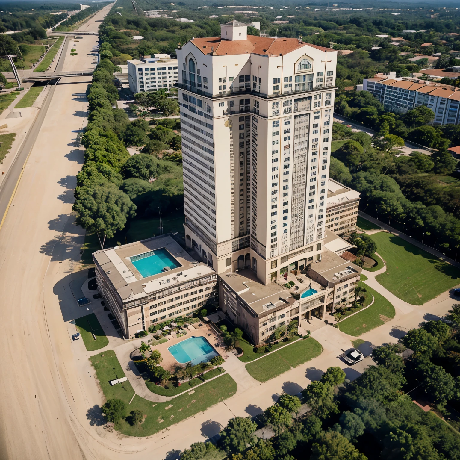 Hotel, name Santos Vieira on the front, realistic image, aerial image