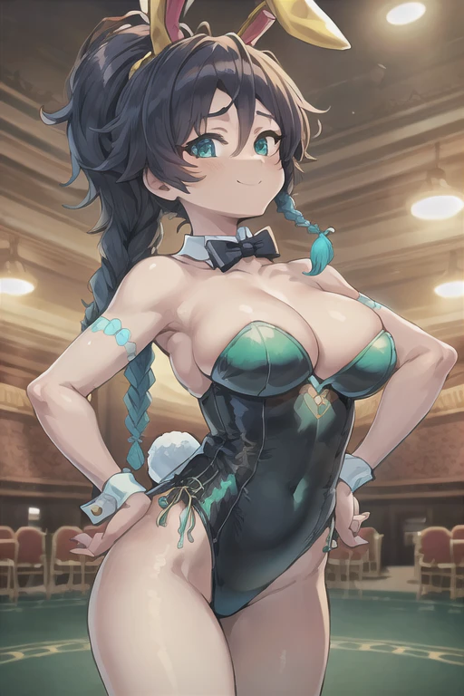 (((masterpiece))), ((highest quality)), (Very detailed), ((High resolution)), ((8k)), One Woman, Big Breasts, Brunette color hair, Double up braid, Long Hair, Long Hairと短髪, Very cute woman, delicate, Charming smile, Green Eyes, Bright Eyes, Best moment, Vivid eyes, cute, Beautiful Skin, cute顔, delicateな腕, Detailed skin texture, Intricate details, Very detailedな顔, Beautiful Eyes, Thighs, Waistline, Casino Venue, Near the slot, ((Bunny girl)), (Fake rabbit ears head dress), Looking up, Raise your right hand, Place your left hand on your hip,