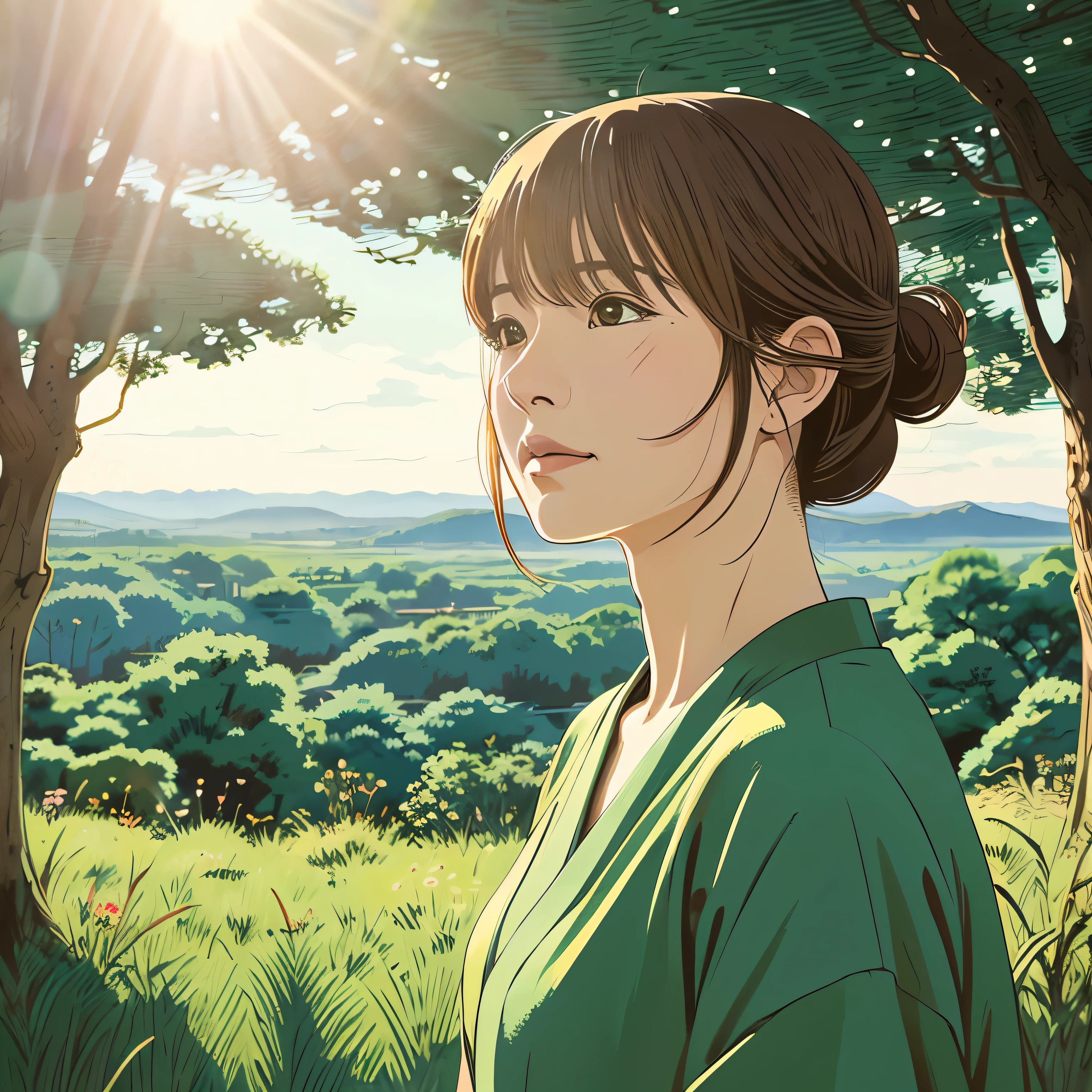 Illustration style、Ukiyo-e、Showa Anime、Woman looking this way、Japanese、The morning sun is shining in the background、Makoto Shinkai style、May、I can see a forest in the distance、 (highest quality, Ultra-detailed, Portraiture, Natural light)