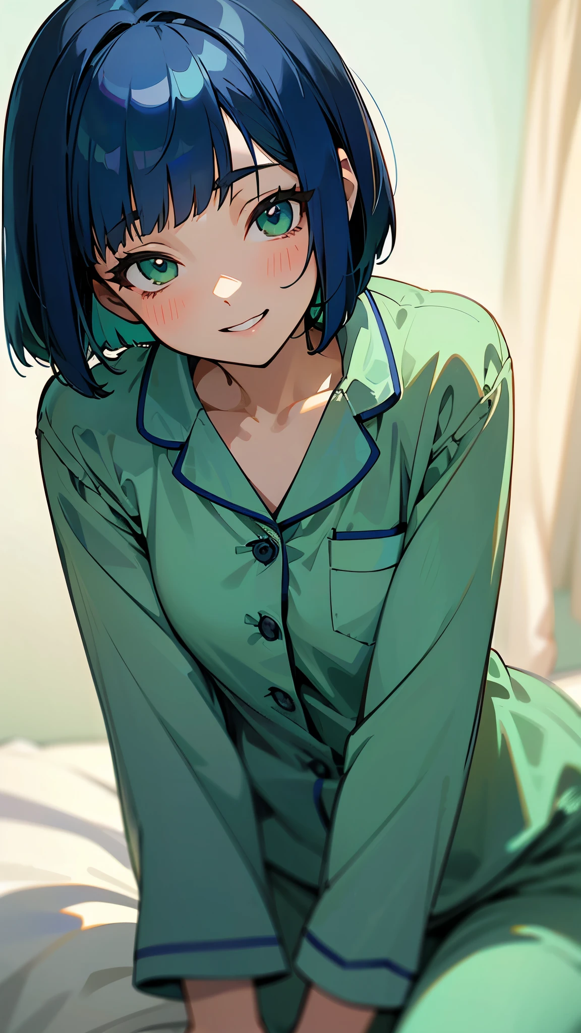 18-year-old girl sitting on bed、solo、Anime-style paintings、Wearing pajamas、Slim figure、Dark blue hair、Bobcut、Beautiful green eyes、Grin、The soft texture of pajamas、Upper body close-up、Green and blue based colors、Background blur、The depth of the drawn boundaries