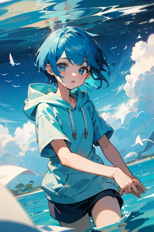 ((highest quality)) ((masterpiece)) Perfect Face Blue Hair Short Hair Odd Eye An illustration Wearing a light blue hoodie one person In the sea Swimming neutral Hair fluttering Highest quality middle School girls Her hair is fluttering Laughing a little In the water
