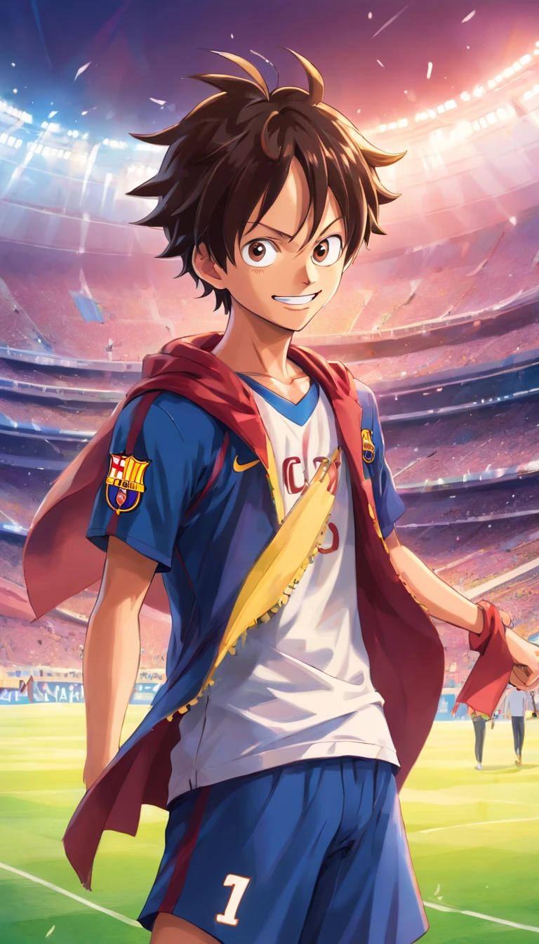 "luffy from One Piece wearing a fc barcelona outfit, standing in a stadium, facing the camera, with one hand raised and a smile."