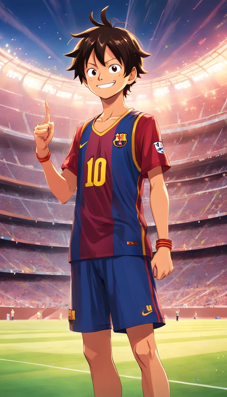 "luffy from One Piece wearing a fc barcelona outfit, standing in a stadium, facing the camera, with one hand raised and a smile."