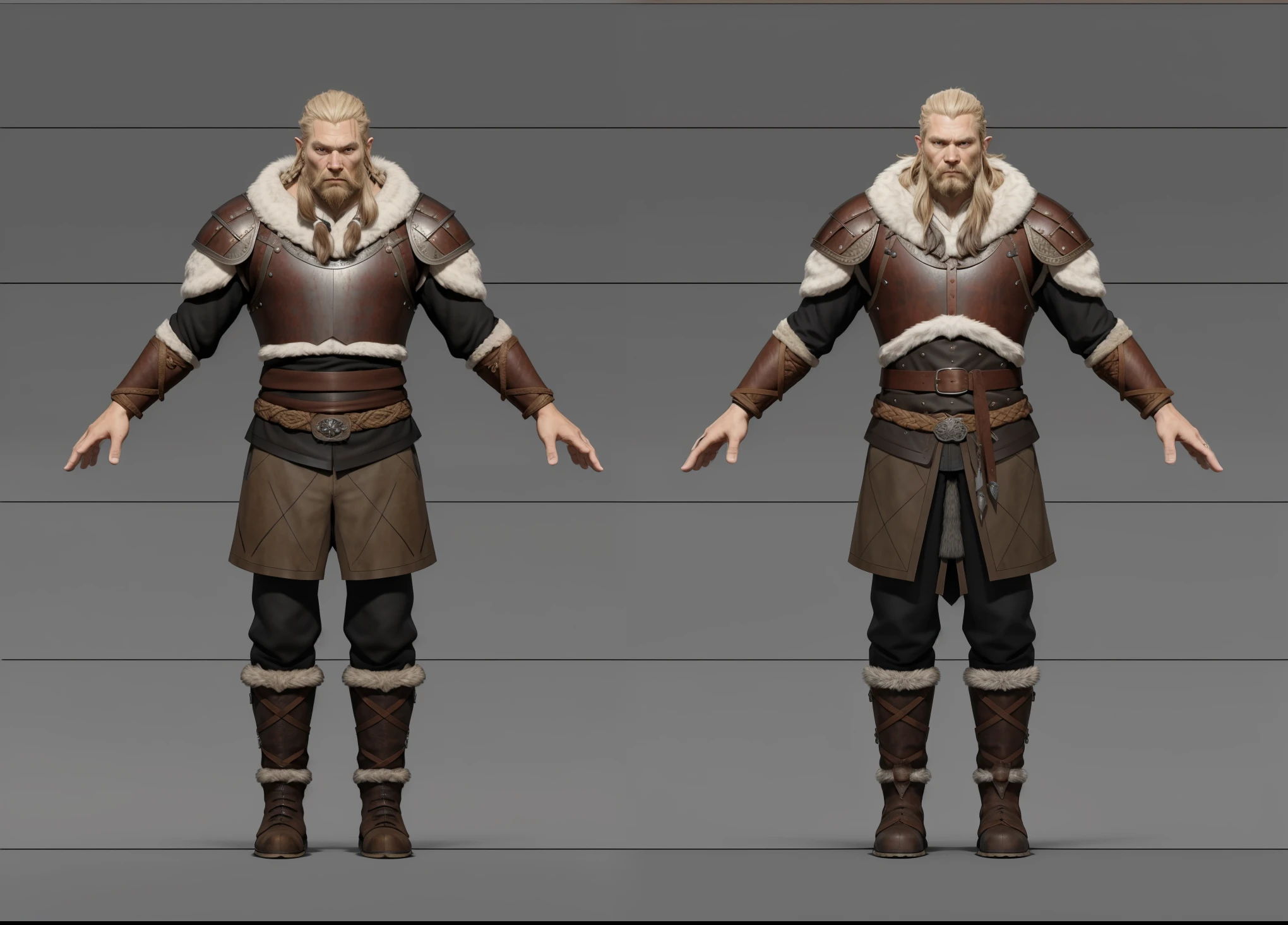 ( Realistic:1.33),(masterpiece:1.1),(highest quality:1.1),(HDR:1) a close up of a Tall Viking man with gambeson fur coat , detailed armor, old Cuirass engraved leather, intricate designs on the Cuirass, intricate Cuirass engravings, full body concept, detailed full body concept, old man Viking with a long braid, Viking style, Viking protective, Portrait of a Viking, Viking warrior, Viking culture, Nordic warrior, Viking costume, Ancient Viking warrior, Elven blond warrior, Epic Viking king , wearing Viking clothing, male Viking, with Machado, Nordic inspiration, Viking and Templar aesthetics, full body character concept,costume concept design, full body details, detailed full body concept art, full character body, character model sheet turnaround, fullbody shot turnaround, concept character sheet, full body concept art, reference model sheet , full body concept art, RPG style character, game character design, 3d character reference sheet, video game character concept, detailed character design, character sheet, [ character model sheet turnaround ], front and back, ((front and back)), grey clean background, 3D character, leather belt with leather knife bag, leather, leather armband, leather boots with fur, gambeson blue cloth, (viking warrior), ((barbarian)),(((wide chest)), (((animal fangs accessories))), leather waist armor, black shirt and trousers, leather shoulder armor