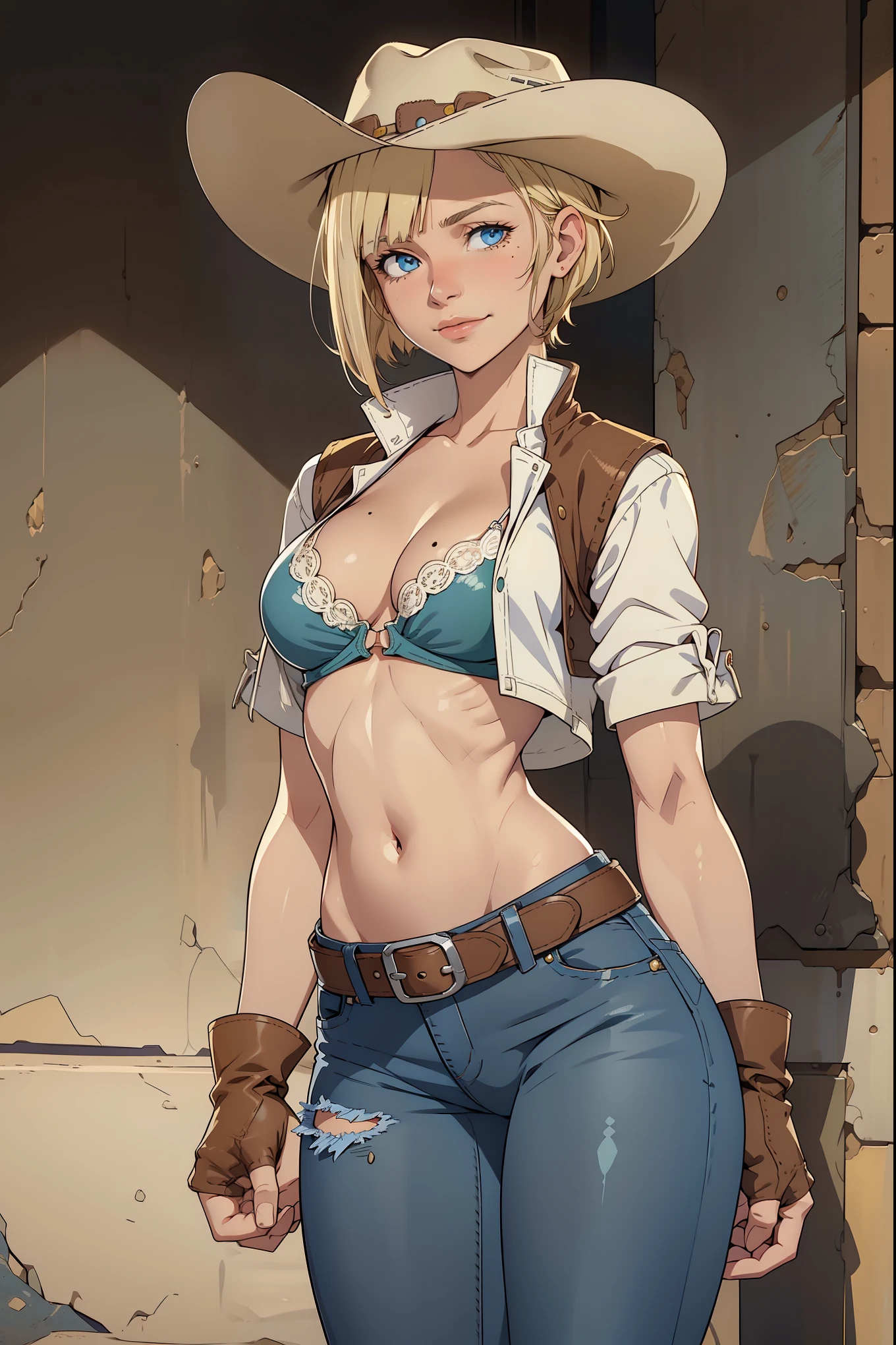 1girl, cowboy hat, white bra, green vest, no sleeves, navel, blue jeans, brown boots, fingerless gloves, short gloves, slight smile, short hair, blonde hair, parted bangs, blue eyes, mole under right eye, American Old West, sunny desert background, belt, best quality, masterpiece