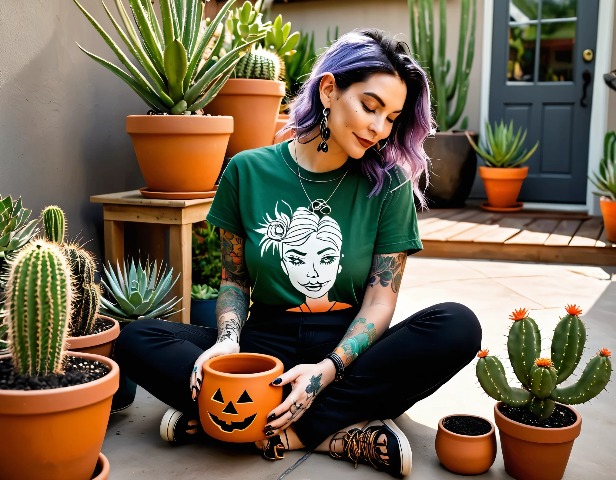 a 28yo female sits on the floor of her outdoor patio and calmly re-pots one her cacti. we see her in casual outfit, a graphic of a creepy jack -o-lantern is on her tshirt, she has several rings on her fingers and one little arm tattoo of a witch. she's sitting on her patio in front of her cacti and about to place it in new bigger hand-painted ceramic pot. new dark soil is seen in new pot. a little has spilled on the patio. a few garden tools beside her. several succulents and plants are surround her ready to be watered, re-potted or moved. it's a warm, calm and mindful moment, early afternoon sun warming the patio, and it feels relaxing and inspiring our mind and body of spring time., photo