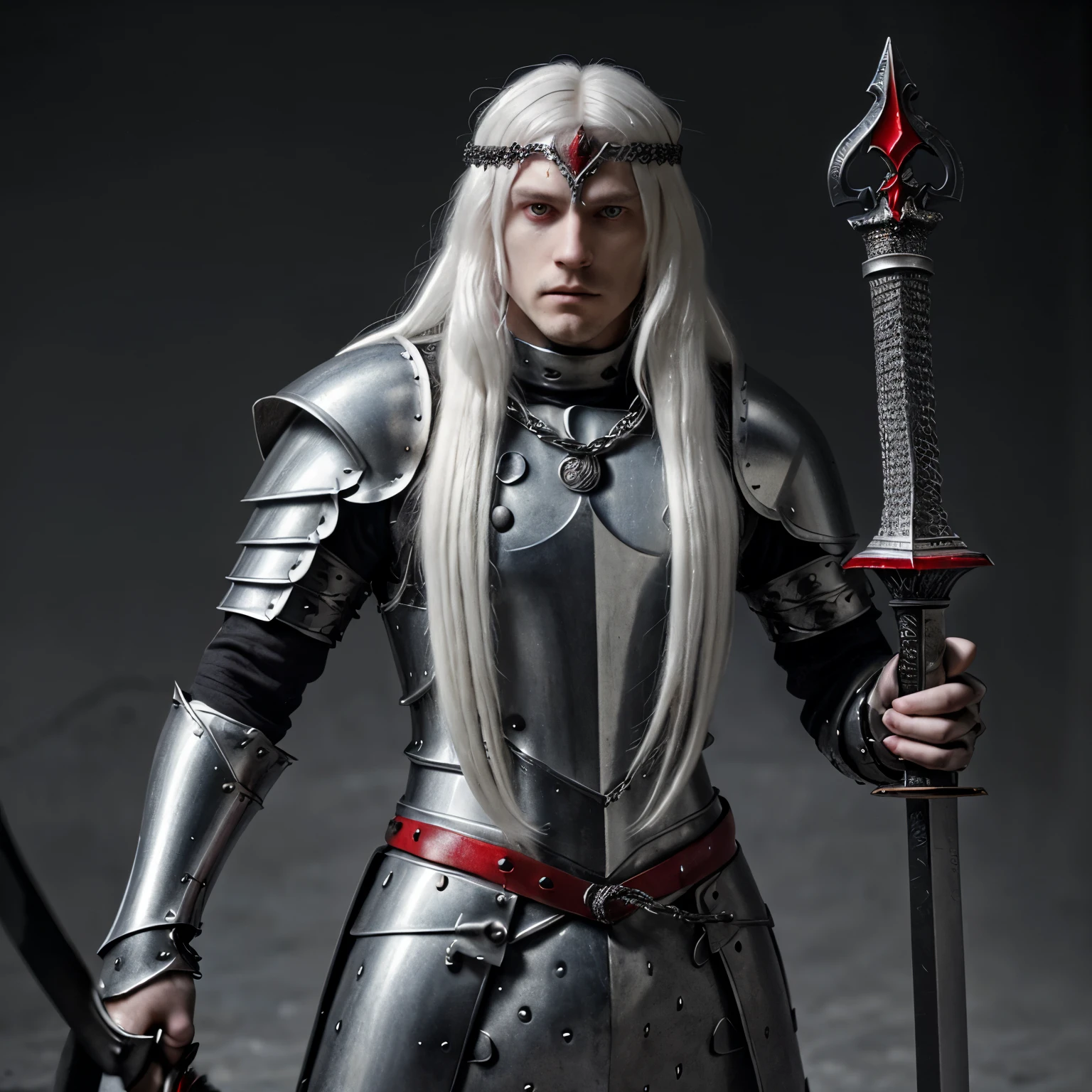 A male Knight with long white hair and red eyes wearing chain mail and parts of armor on his body with black clothing and red details with a long sword in his hands 