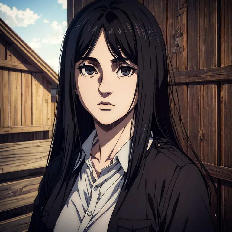 best quality, highres, masterpiece:1.2), ultra-detailed, (realistic, photorealistic, photo-realistic:1.37), female character, very young 18 girl,  Mappa art style, grayish black eyes, neat styled raven black long straight hair ,  behind her a cabin , she is wearing shirt