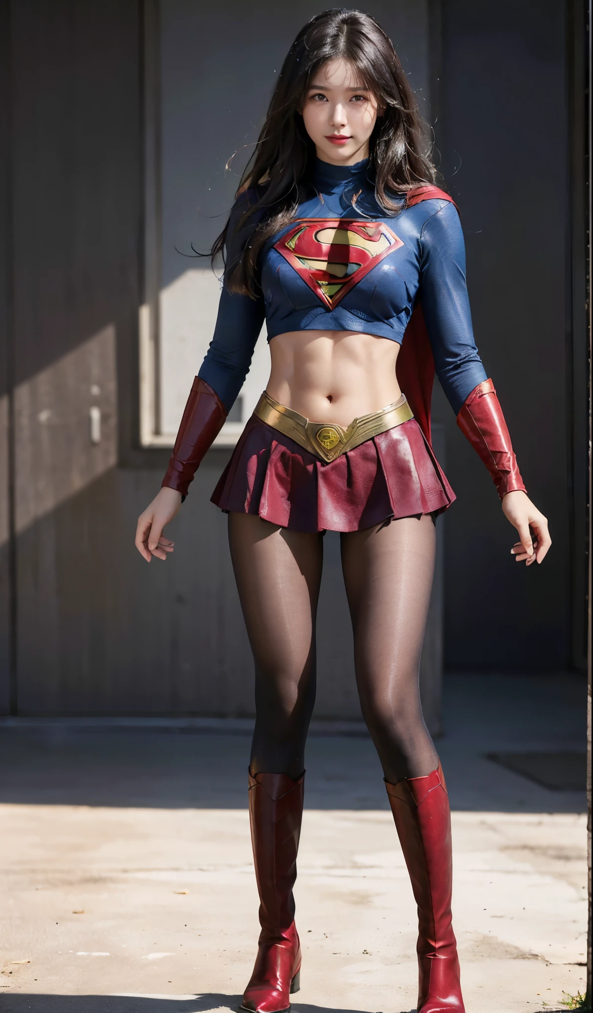 No background、(((Beautiful legs in black tights.)))、(((Legally express the beauty of your smile)))、((((Make the most of your original images)))、(((Supergirl Costume)))、(((Beautiful Hair)))、(((suffering)))、(((Please wear black tights....、Wear red boots)))、((Best image quality、8k))、((highest quality、8k、masterpiece:1.3))、(((Preserve background )))、Sharp focus:1.2、Beautiful woman with perfect figure:1.4、Slim Abs:1.2、Wet body:1.5、Highly detailed face and skin texture、8k