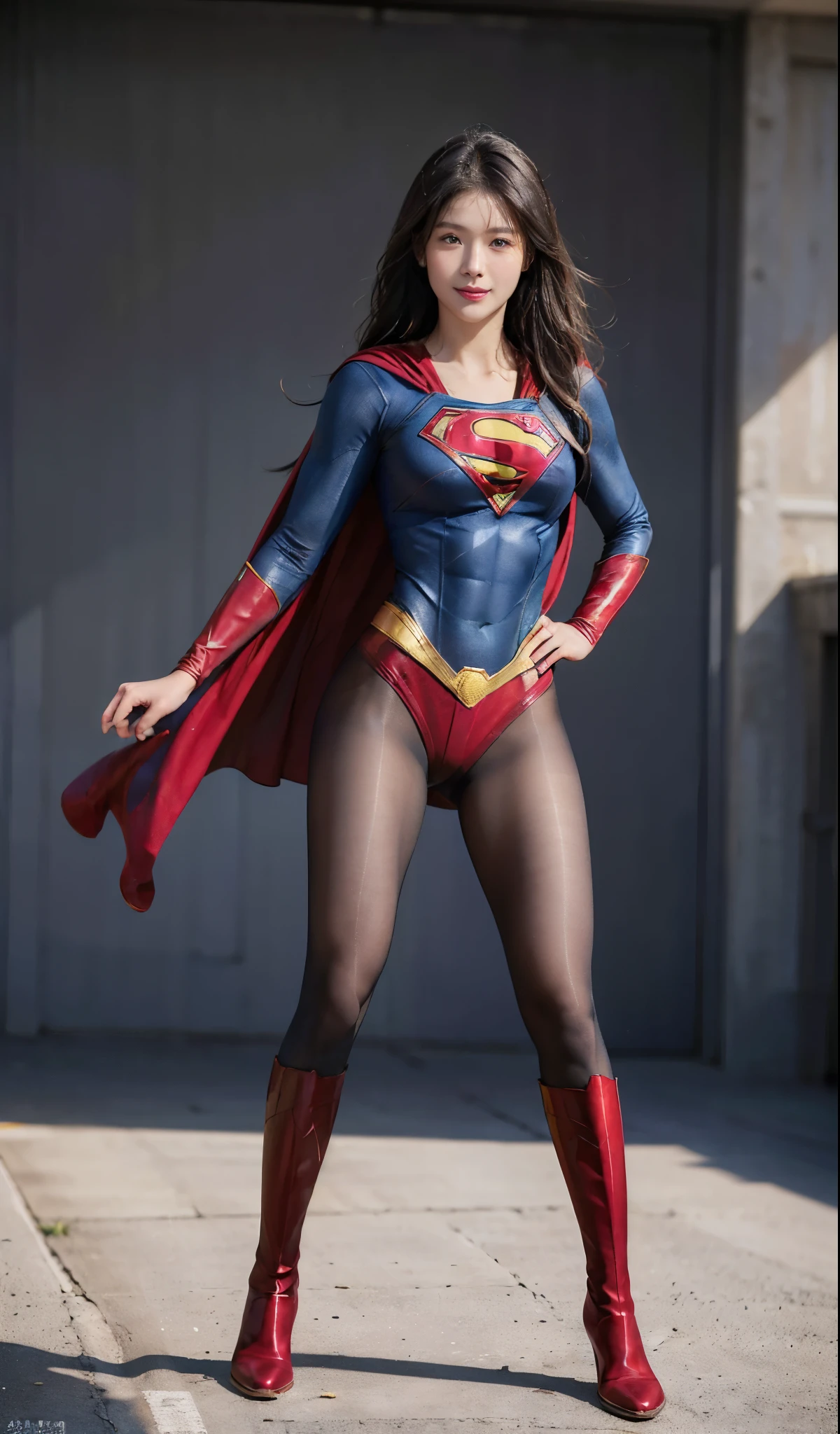No background、(((Beautiful legs in black tights.)))、(((Legally express the beauty of your smile)))、((((Make the most of your original images)))、(((Supergirl Costume)))、(((Beautiful Hair)))、(((suffering)))、(((Please wear black tights....、Wear red boots)))、((Best image quality、8k))、((highest quality、8k、masterpiece:1.3))、(((Preserve background )))、Sharp focus:1.2、Beautiful woman with perfect figure:1.4、Slim Abs:1.2、Wet body:1.5、Highly detailed face and skin texture、8k