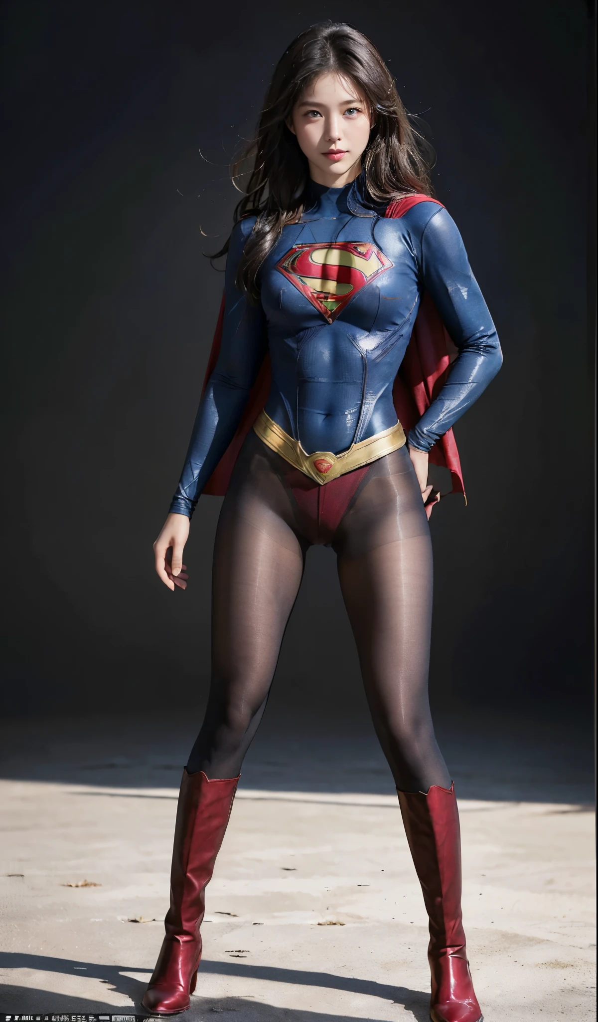 No background、(((Beautiful legs in black tights.)))、(((Legally express the beauty of your smile)))、((((Make the most of your original images)))、(((Supergirl Costume)))、(((Beautiful Hair)))、(((suffering)))、(((Please wear black tights....、Wear red boots)))、((Best image quality、8k))、((highest quality、8k、masterpiece:1.3))、(((Preserve background )))、Sharp focus:1.2、Beautiful woman with perfect figure:1.4、Slim Abs:1.2、Wet body:1.5、Highly detailed face and skin texture、8k