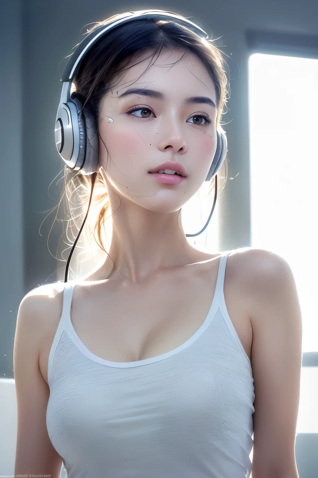 Wear, (photo Practical:1.4), (hyper Practical:1.4), (Practical:1.3), (Smoother lighting:1.05), (Improve movie lighting quality:0.9), 32k, 1 Girl,20 year old girl, Practical lighting, Backlight, There is light on the face, Ray Tracing, (Bright Lights:1.2), (quality improvement:1.4), (Highest quality real texture skin:1.4), Delicate eyes, Delicate face, Exquisite eyes, (Tired, sleepy and satisfied:0.0), Close-up of face, t-shirt, Listen to music with headphones, (Increase body line emotions:1.1), (Enhance Skin Texture Beauty:1.1)
