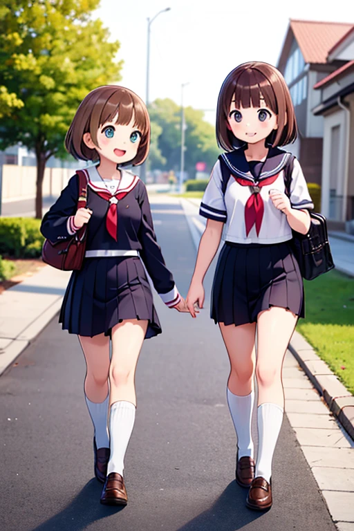 Tabletop, highest quality, Extremely isetaileis, anime,2 girls,Sisters,Brown Hair,smile,:is,serafuku,walk short distance,school bag,School Area,holising haniss