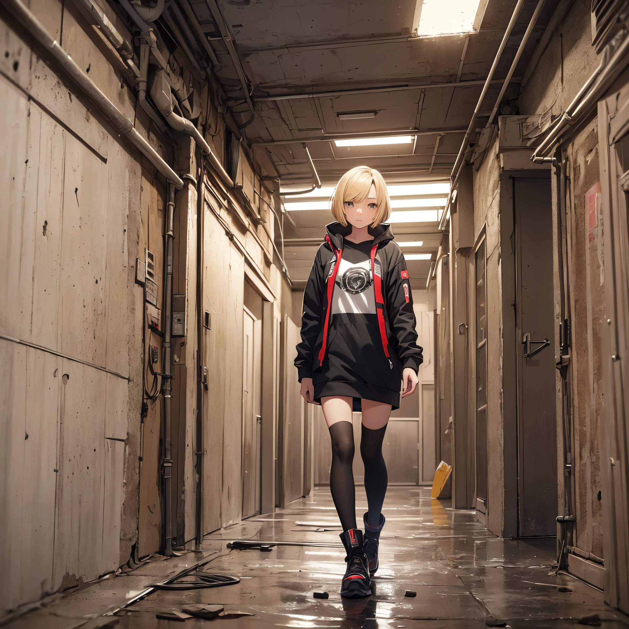 ((20-year-old woman,Blonde short bob hair,She is walking through an empty room)),Huge kids room,room in underground,A room with children&#39;s graffiti,Messy room,Dim electricity,Dimly lit room,There are many long and thin monsters,Uneasy atmosphere,
