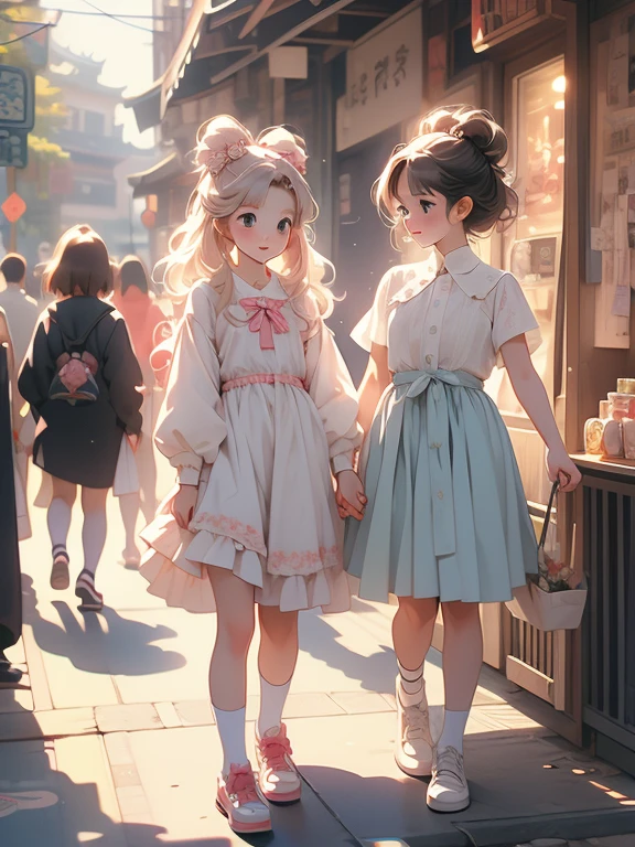 In the streets of Harajuku、cuteの天使の女の子が、The two of them get along well.、Window Shopping。、Angel&#39;s Smile。、Moe anime touch、6歳のcute天使の女の子、The eyelashes are long、Attractive, sparkling, large eyes。、Silver-white to light blue hair color、Super long wavy hair、リボンやレースやフリルがたっぷりのcute天使ドレスと、A big ribbon on her head that matches her outfit、Angel wings on your back、Angel halo on head、A big smile。、The overall color is light blue and white.。、A texture that combines watercolor and moe anime textures、A world filled with mysterious light、cute、kind、Healing、Magic Fantasy、highest quality、Highest quality