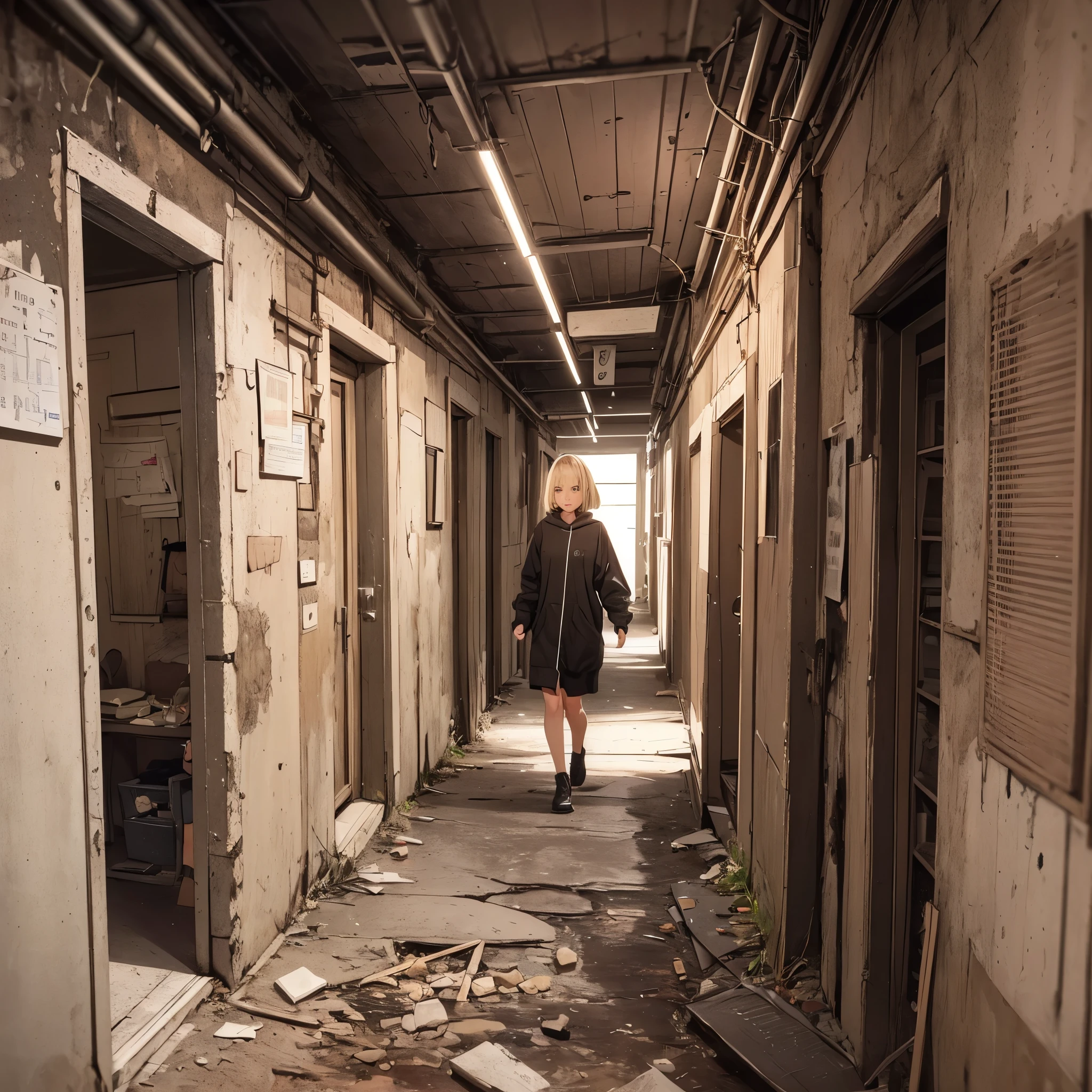 ((20-year-old woman,Blonde short bob hair,She is walking through an empty room)),Huge kids room,room in underground,A room with children&#39;s graffiti,Messy room,Dim electricity,Dimly lit room,There are many long and thin monsters,Uneasy atmosphere,