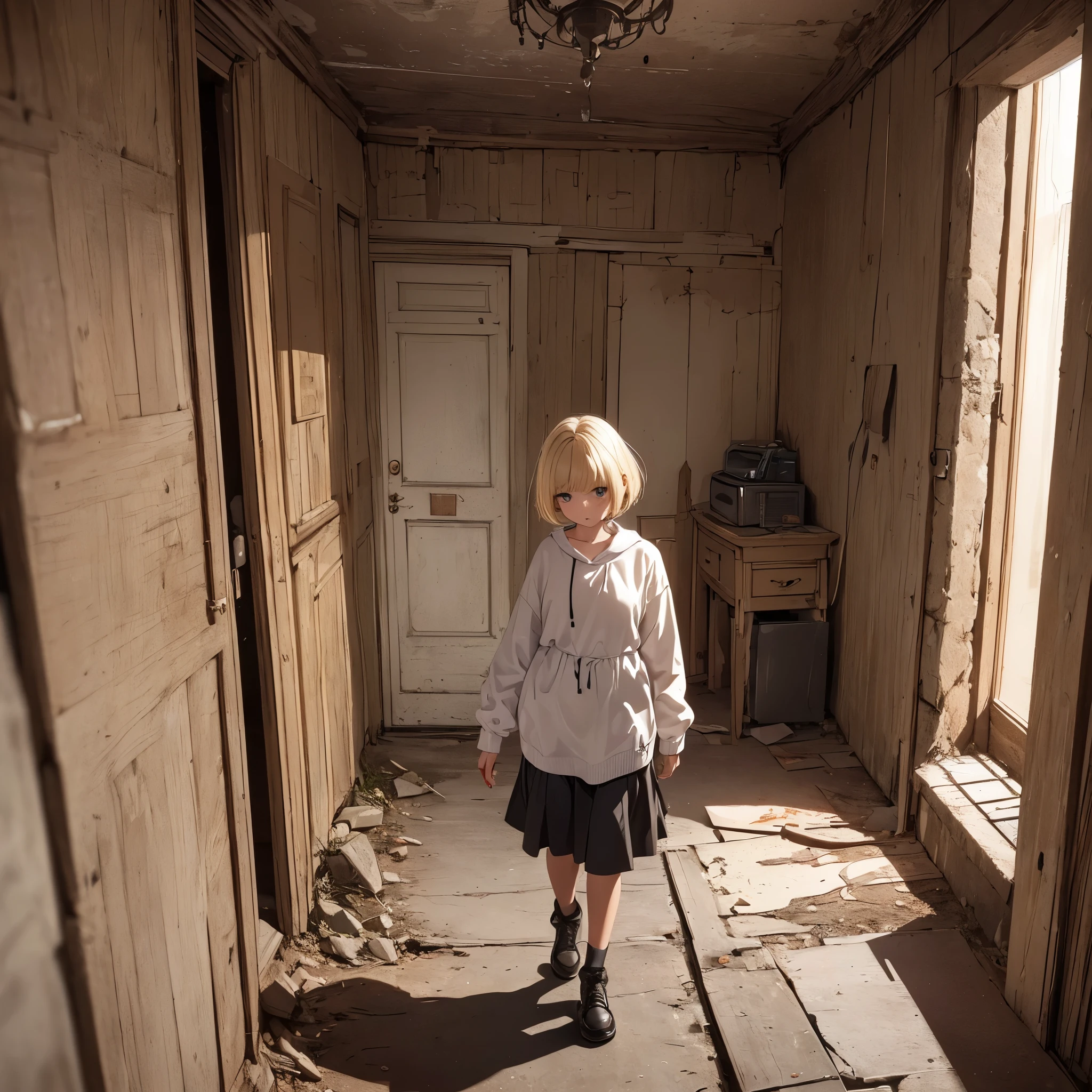 ((20-year-old woman,Blonde short bob hair,She is walking through an empty room)),Huge kids room,room in underground,A room with children's graffiti,Messy room,Dim electricity,Dimly lit room,There are many long and thin monsters,Uneasy atmosphere,