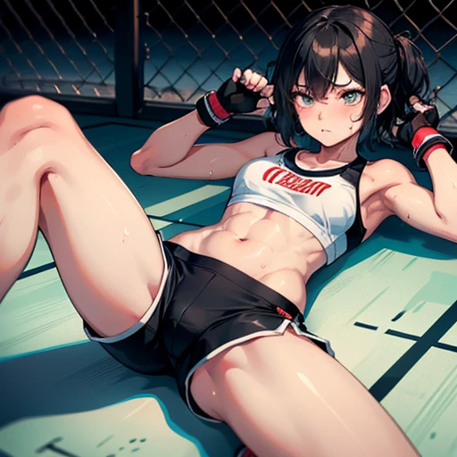 Cute slender high school girl, mixed martial arts match with female athlete in ring, pained expression, exhausted expression, sweaty, out of breath, short black hair, small breasts, sports bra, high leg shorts, open finger gloves