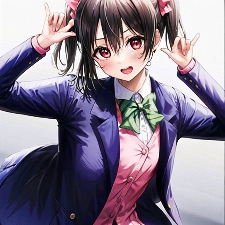 One girl, 一人in,(highest quality),(masterpiece:1.1),(school uniform:1.4),dress, Looking_in_Audience, head_ribbon, cute, Cleans the skin of the face, Twin tails