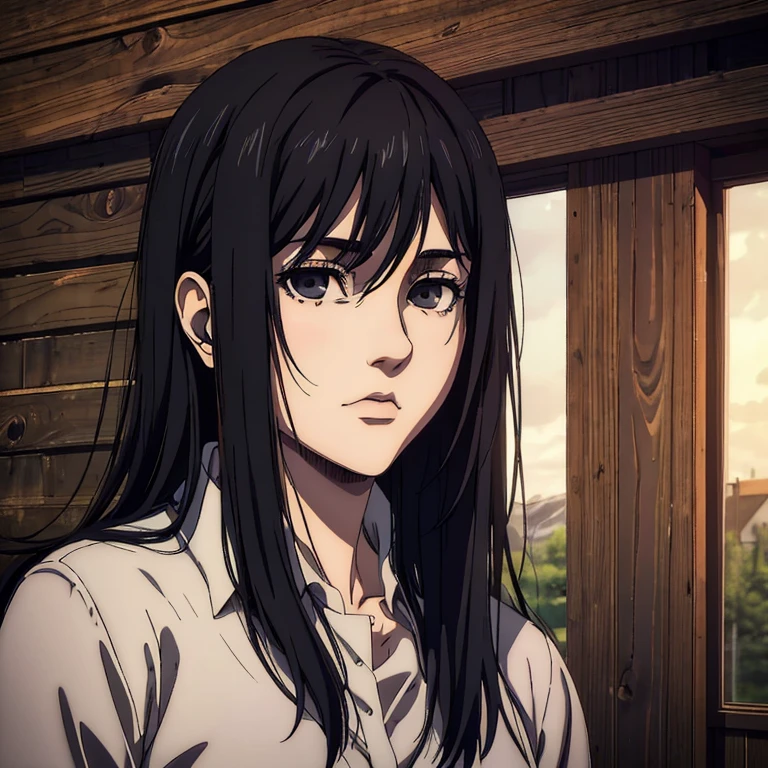 best quality, highres, masterpiece:1.2), ultra-detailed, (realistic, photorealistic, photo-realistic:1.37), female character, very young 18 girl, Mappa art style, grayish black eyes, neat styled raven black long straight hair , behind her a cabin , she is wearing shirt