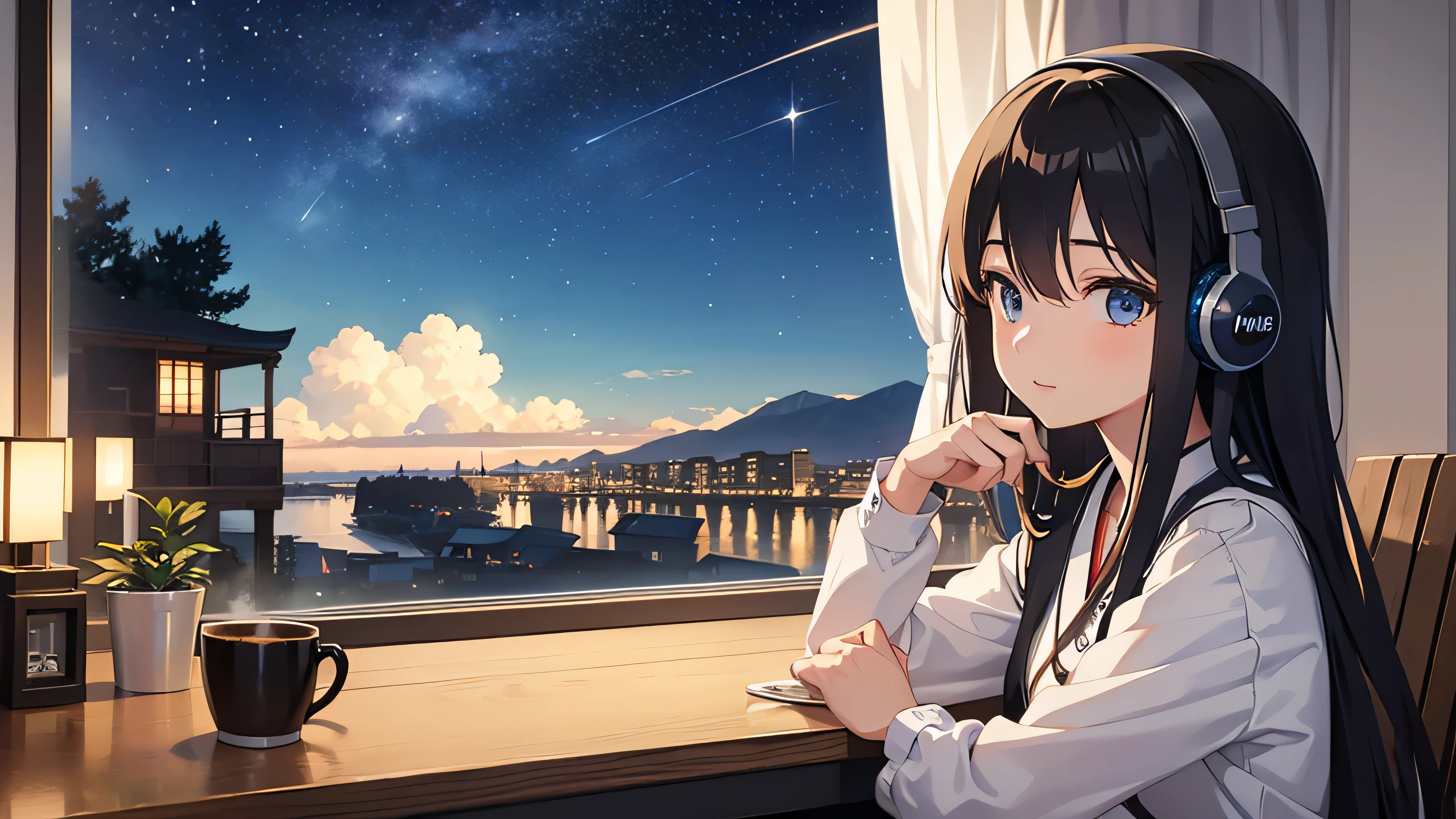 Beautiful girl enjoying coffee while listening to music on headphones in her room　The starry sky outside the room is beautiful.　Japanese anime style