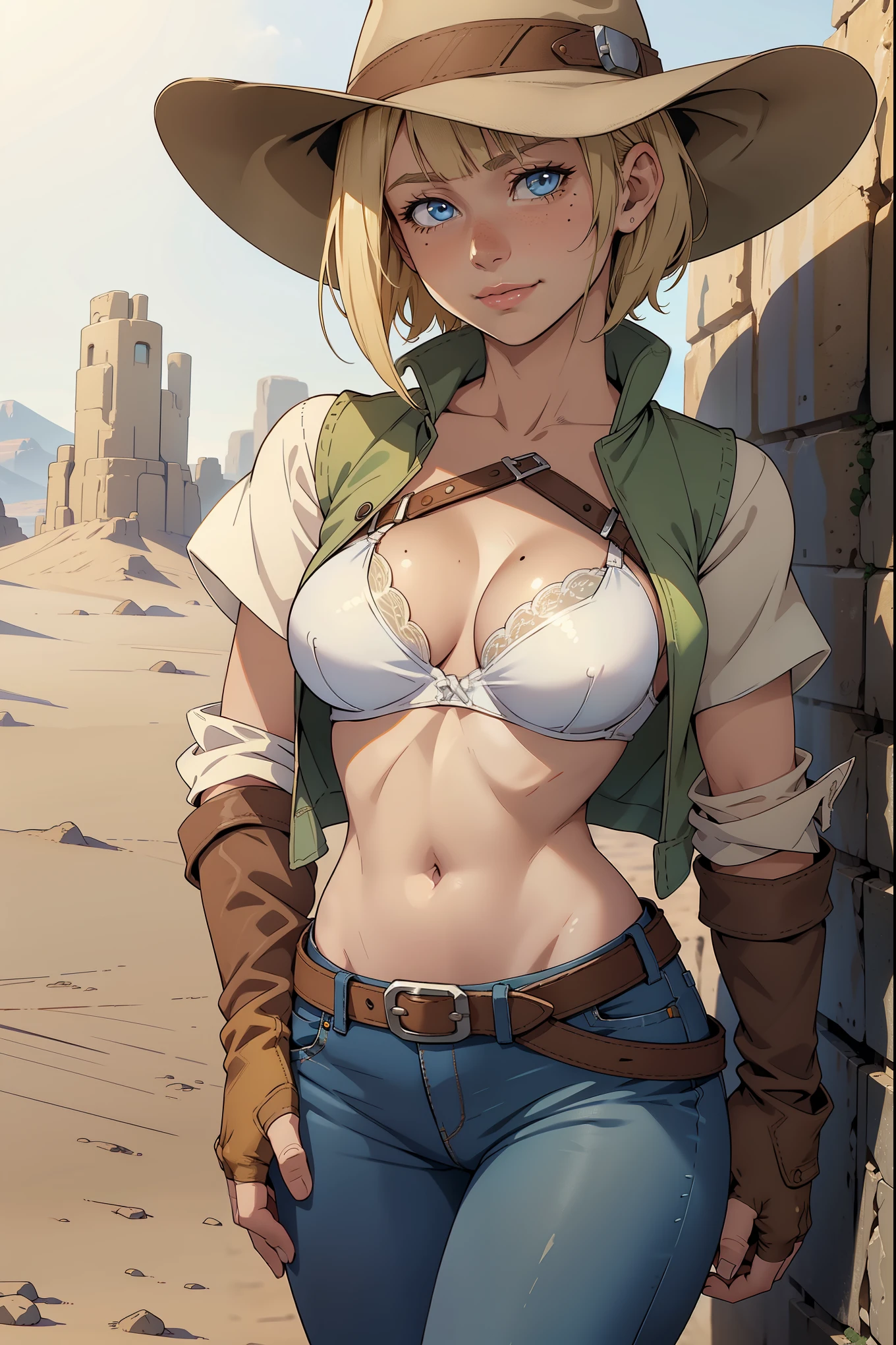 1girl, cowboy hat, white bra, green vest, no sleeves, navel, blue jeans, brown boots, fingerless gloves, short gloves, slight smile, short hair, blonde hair, parted bangs, blue eyes, mole under right eye, American Old West, sunny desert background, belt, best quality, masterpiece