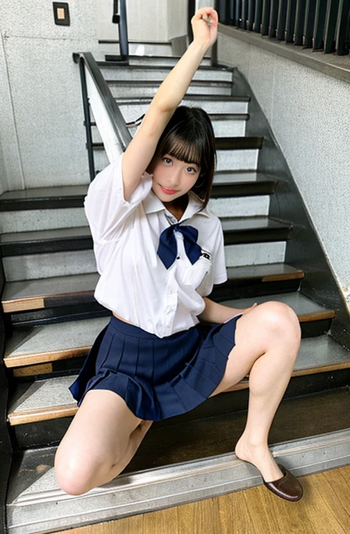 it on the stairs、Open leg pose、Shoot from below、Low - Angle、階段を登りschool uniformを着て開脚Panty shotポーズ、mini skirtを履く、mini skirtからパンティが見える、Panty shot、Wear a thong、Wearing a thong、mini skirtを着せる、Panties are digging into the buttocks、uniform、、Wide-open legs、Piledriver、Spread your legs and see your panties