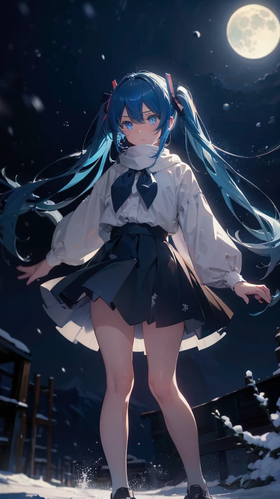 (masterpiece、highest quality)、1 girl ,Grim expression、hatsunemiku,Warm lighting、 Blurred foreground、night、High Contrast、Twin tails,blue gem eyes,Blue Hair,night,snowing,Heavy snowfall,winter,Alone in the vast snowy field,whole body,curse,Looking at me,Huge construction,moon,whole body,shine,bright,Sad expression,whole body,sad face,legs,Huge structures,universe,planet