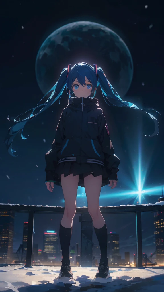 (masterpiece、highest quality)、1 girl ,Grim expression、hatsunemiku,Warm lighting、 Blurred foreground、night、High Contrast、Twin tails,blue gem eyes,Blue Hair,night,snowing,Heavy snowfall,winter,Alone in the vast snowy field,whole body,curse,Looking at me,Huge construction,moon,whole body,shine,bright,Sad expression,whole body,sad face,legs,Huge structures,universe,planet