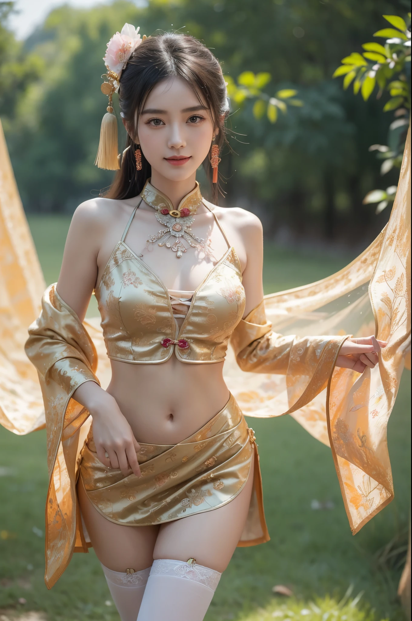 (8k, RAW photo, best quality, masterpiece:1.2), (realistic, photo-realistic:1.37), ultra highres, depth of field, chromatic aberration, caustics, Broad lighting, natural shading,Fujifilm XT3,masterpiece,ultra detailed(masterpiece, top quality, best quality, official art, beautiful and aesthetic:1.2), (1girl:1.3), extreme detailed,(fractal art:1.3),colorful,highest detailed,chinese ancient style,(chinese clothes:1.2),,1girl, breasts, solo, thighhighs, medium breasts, looking at viewer, blush, smile, jewelry, white thighhighs, hair ornament, navel, necklace, collarbone, thighs, full body, outdoors, standing on a grassland, small hip, long legs, slender waist, (skinny legs), smiling, (sexually suggestive),Chinese cheongsam,