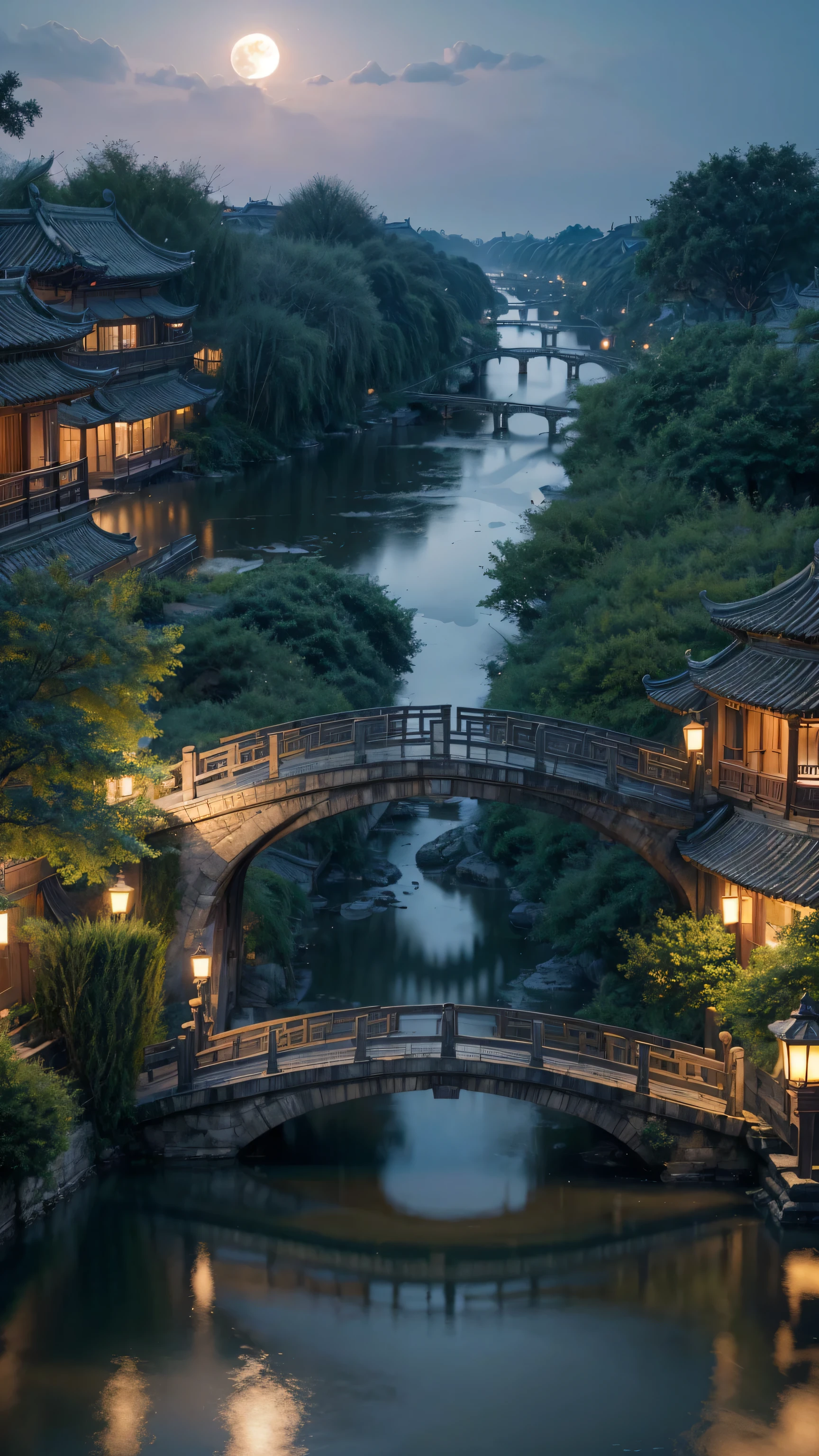 (masterpiece, best quality, illustration, Fine details), ((Very detailed CG unified 8K wallpaper, high resolution)), High Saturation, Low brightness, Concept Art, ((unmanned)), (landscape), (Small bridge and flowing water), (Jiangnan Water Town), Sky, night, (Full Moon), cloud, outdoor, architecture, river, Suzhou gardens