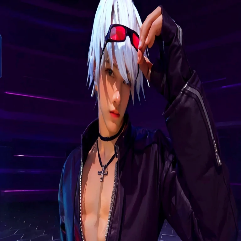 boy character with white hair and red glasses posing for a picture, realistik