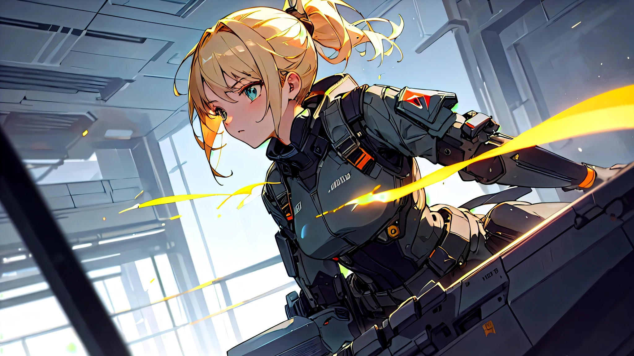 2d anime style, a female military preparing for a new mission, latex outfit for espionage, blonde hair tied in a ponytail, there is a futuristic military base in the background, artificial lighting, high definition, high quality, intricate details, dynamic composition
