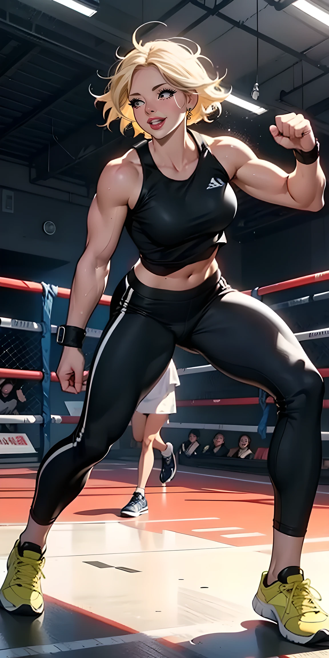 (Masterpiece), A white woman with blonde hair, short hair, messy hair (best quality), Ultra resolution, professional art, ultra detailed, perfect lighting, athletic body, strong and muscular, small perky breasts, black sweatpants, wearing a black top, black leggins, expression happy, female focus, in fighting position, blue eyes, smiles, yellow sneakers