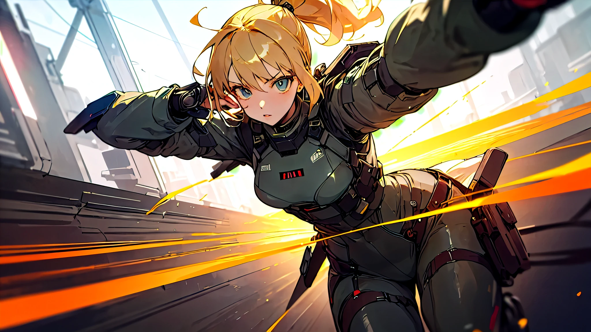 2d anime style, a female military preparing for a new mission, latex outfit for espionage, blonde hair tied in a ponytail, there is a futuristic military base in the background, artificial lighting, high definition, high quality, intricate details, dynamic composition