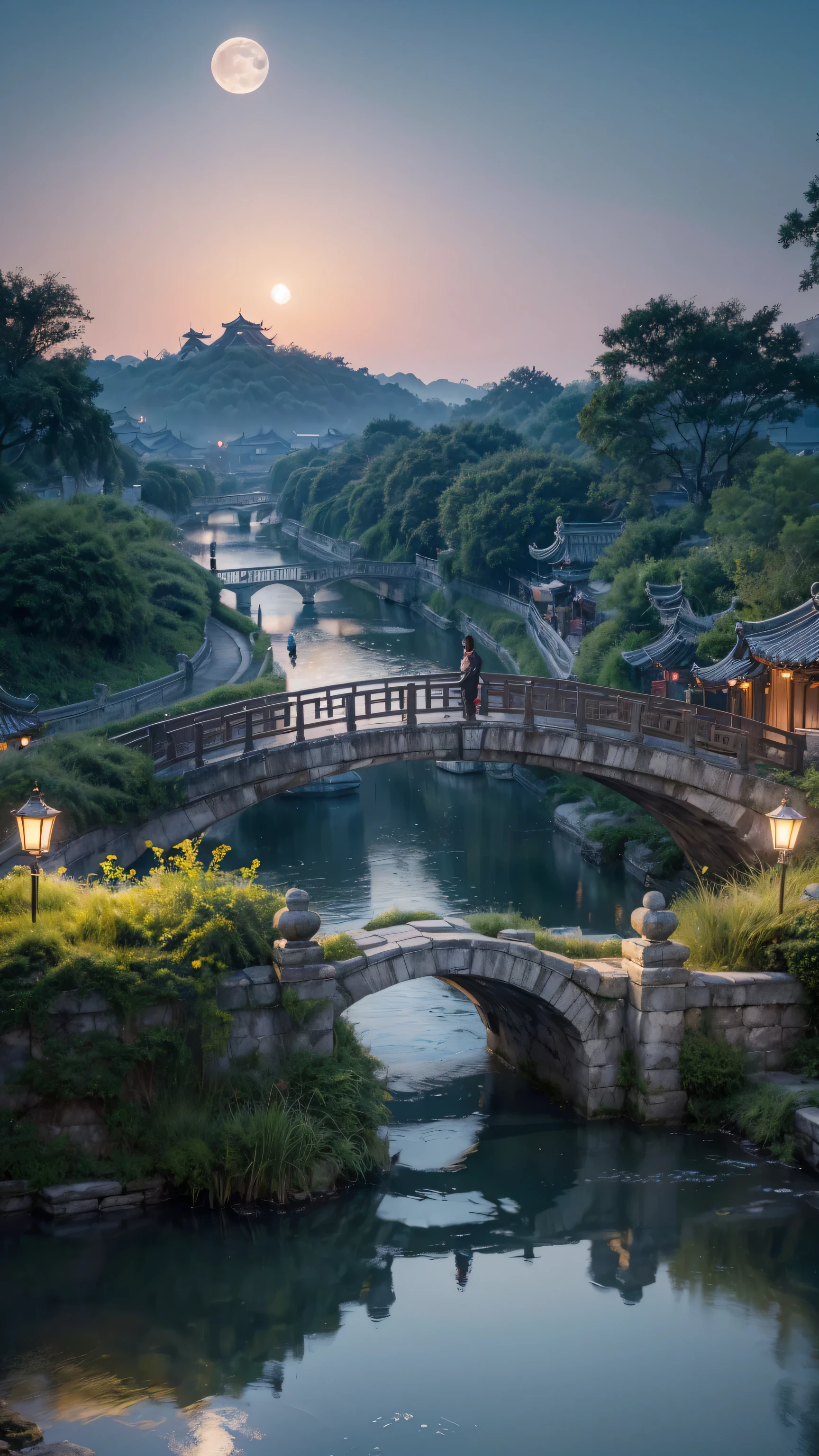 (masterpiece, best quality, illustration, Fine details), ((Very detailed CG unified 8K wallpaper, high resolution)), High Saturation, Low brightness, Concept Art, ((unmanned)), (landscape), (Small bridge and flowing water), (Jiangnan Water Town), Sky, night, (Full Moon), cloud, outdoor, architecture, river, Suzhou gardens