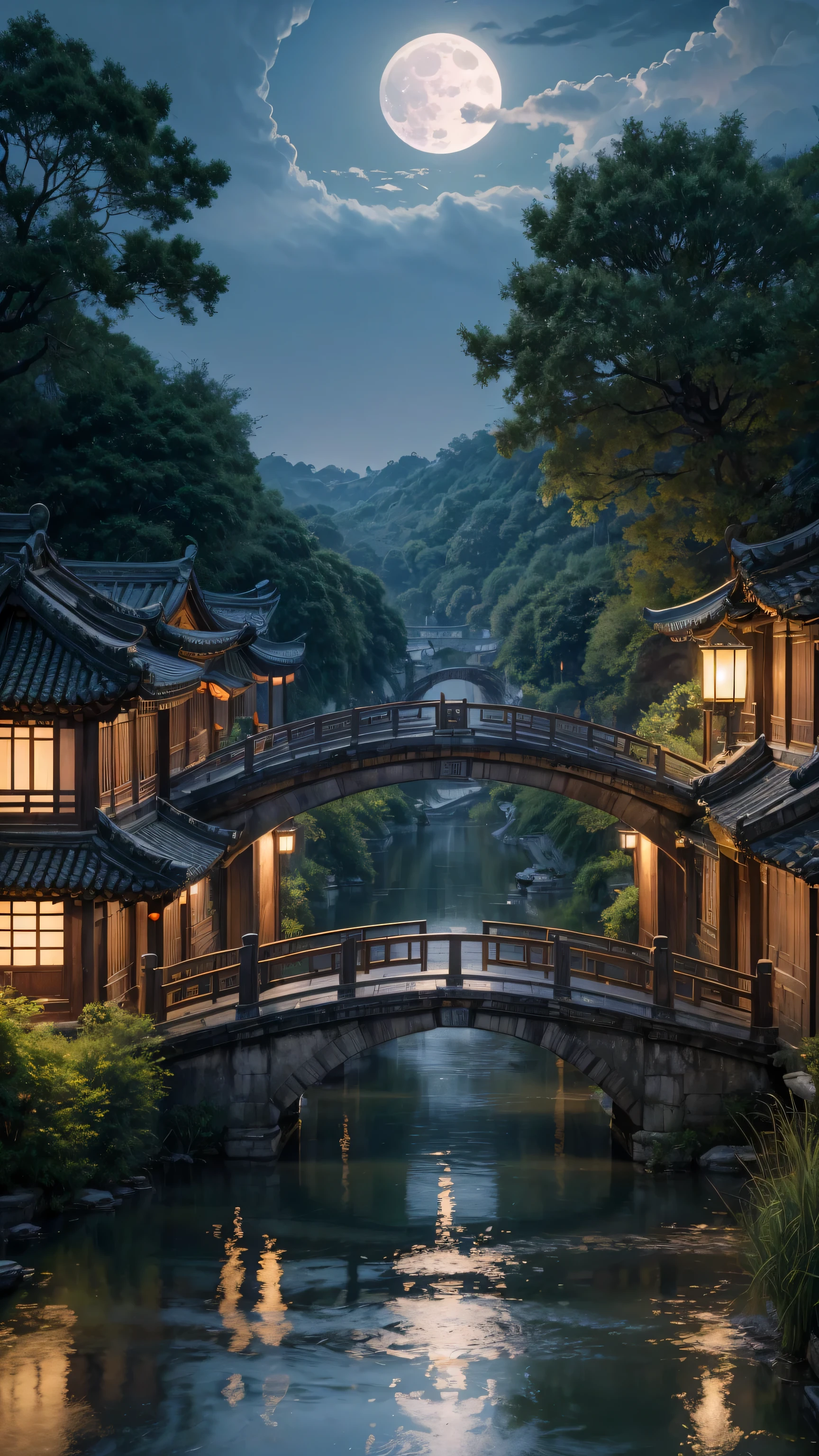 (masterpiece, best quality, illustration, Fine details), ((Very detailed CG unified 8K wallpaper, high resolution)), High Saturation, Low brightness, Concept Art, ((unmanned)), (landscape), (Small bridge and flowing water), (Jiangnan Water Town), Sky, night, (Full Moon), cloud, outdoor, architecture, river, Suzhou gardens