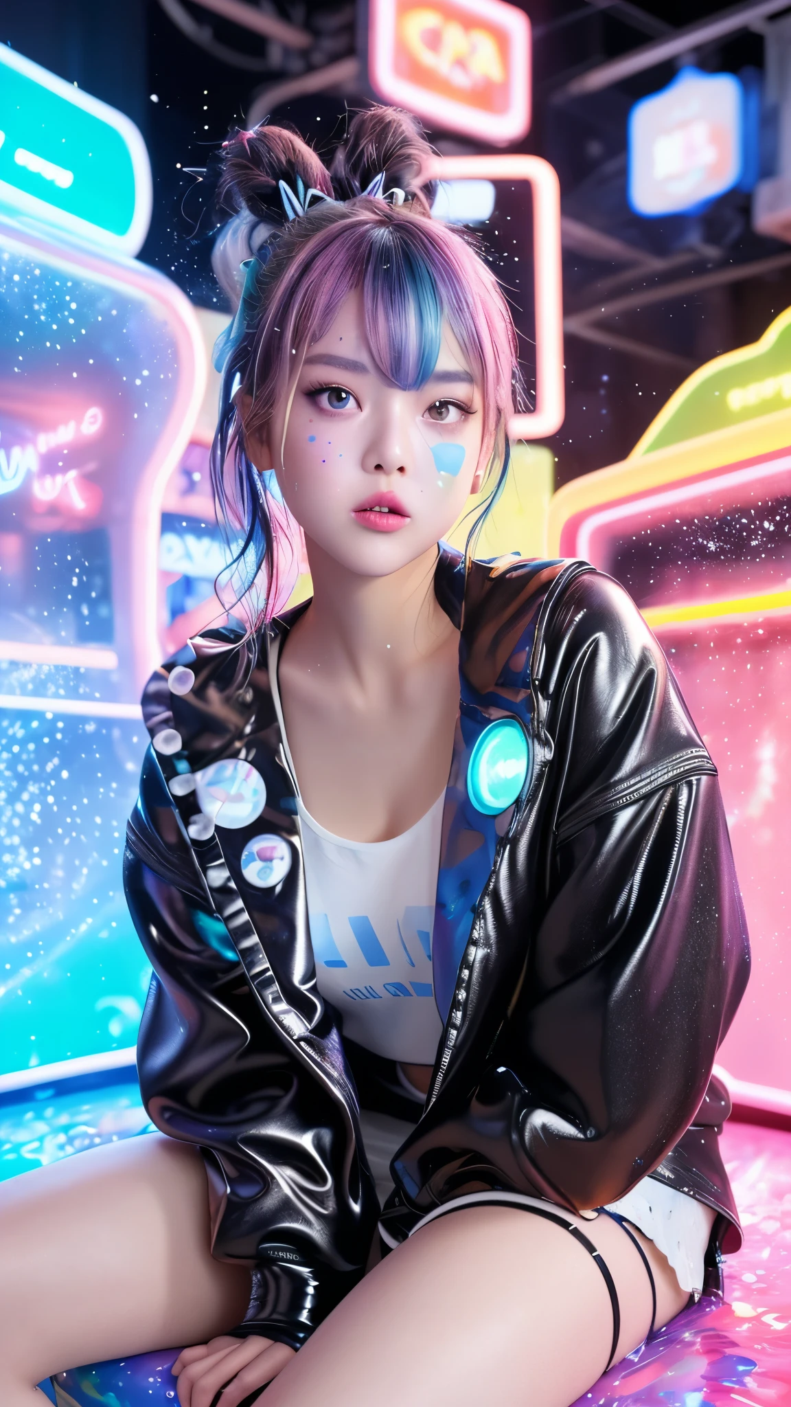 Full body, 1slime girl, loli, solo, eye focus with elaborate glow, pink lens flare, movie background, colorful, hyperdetailed, HDR, ultra-detailed eyes, mature, plump, rainbow drops, (supermodel:1.3), composed of paint, fully painted, splash, splash, indoor, (bioluminescent hair: 1.1), (glowing eyes), (makeup)), ferocious, powerful, splashing colors absolutely eye-catching, dynamic angles, beautiful details glow, ambient occlusion, ambient light, ray-traced reflections, retro style, life arcade characters, arcade style world, gloves, jacket, weapons, shorts, black gloves, black jacket, gun, drill hair, black shorts, headglasses, blowing bubbles, chewing gum, (cute face:1.3),