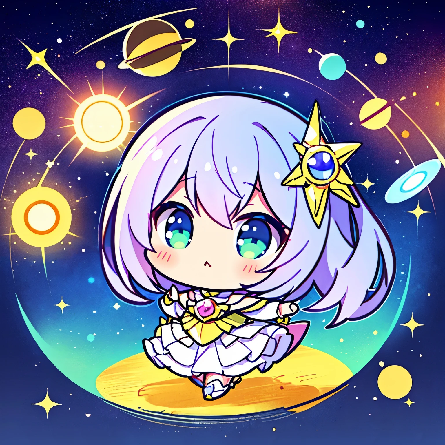 best quality, super fine, 16k, incredibly absurdres, extremely detailed, delicate, flashy and dynamic depiction, a cute and fairytale pastel color pop art piece featuring chibi, super deformed, anthropomorphized creatures, and many kinds of creatures running a race around the rings of Saturn, with planets, sun, crescent moon, and stars cheering them on