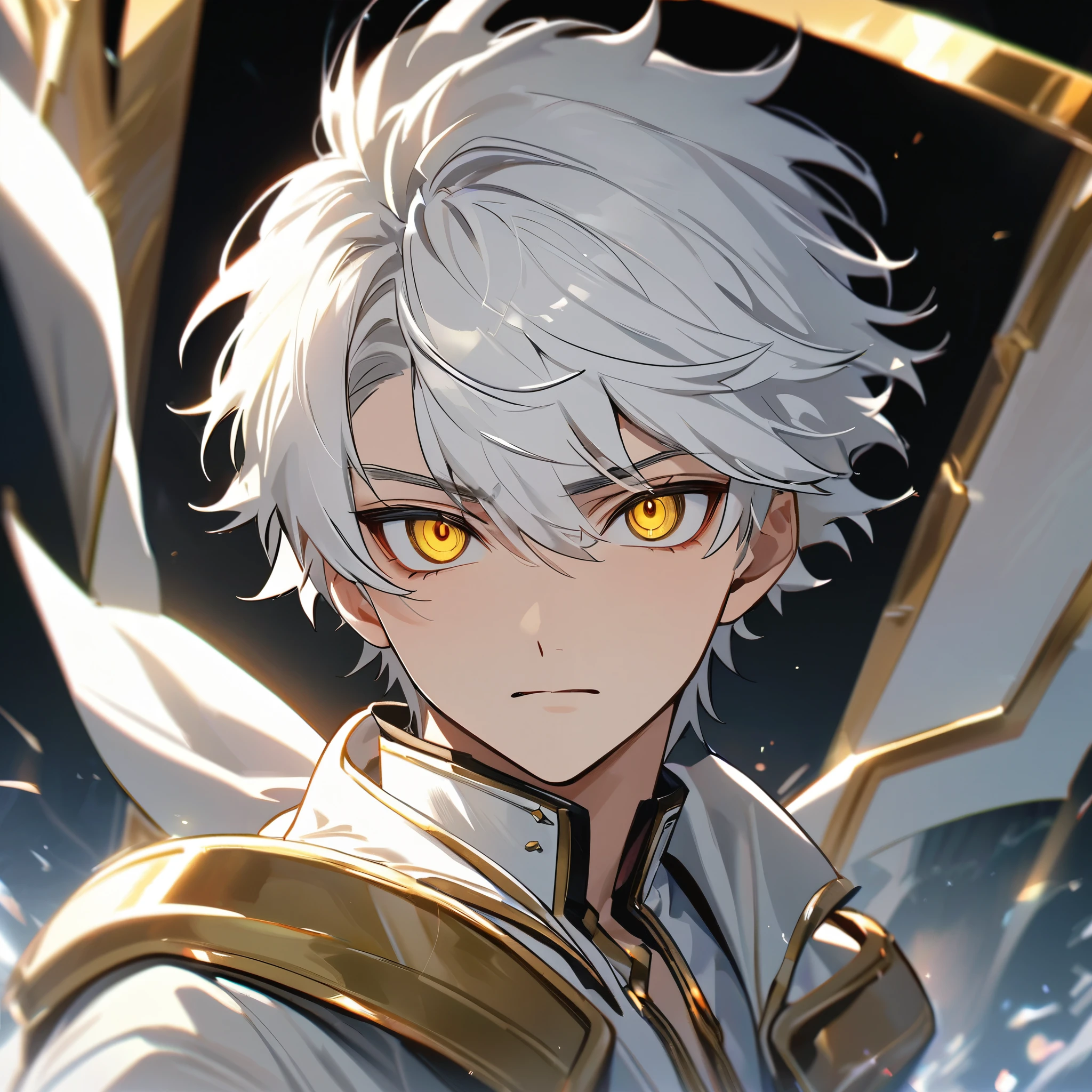 High quality, HD, 4k, handsome male, 1male, , teenager, go lining, short white hair, sharp eyes, gold eyes, devil may cry, close up, calm expression, stoic expression, white leather clothes, white noble clothing, upper body, looking at viewer, cowboy shot, white angel, shining background