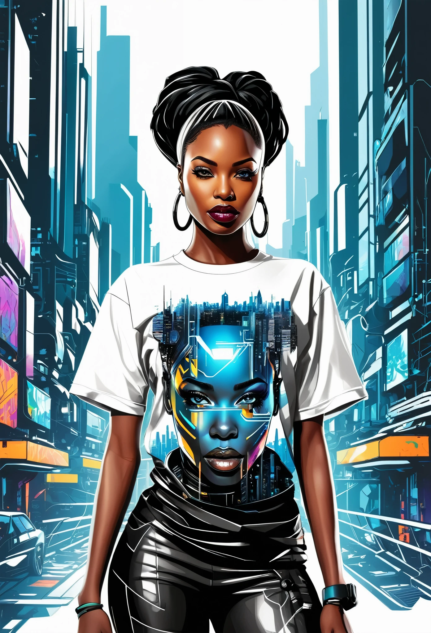 Ready to print t-shirt art vector colorful graffiti illustration of a futuristic black woman, futuristic cyberpunk city background, realistic picture style, image on white background, centered