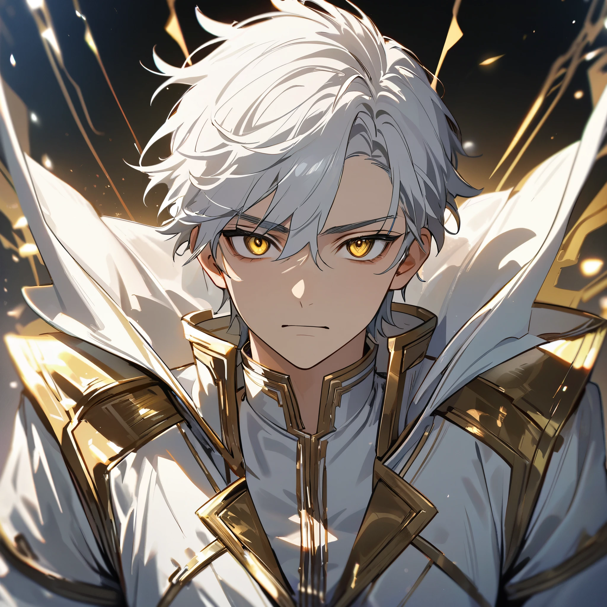 High quality, HD, 4k, handsome male, 1male, , teenager, go lining, short white hair, sharp eyes, gold eyes, devil may cry, close up, calm expression, stoic expression, white leather clothes, white noble clothing, upper body, looking at viewer, cowboy shot, white angel, shining background