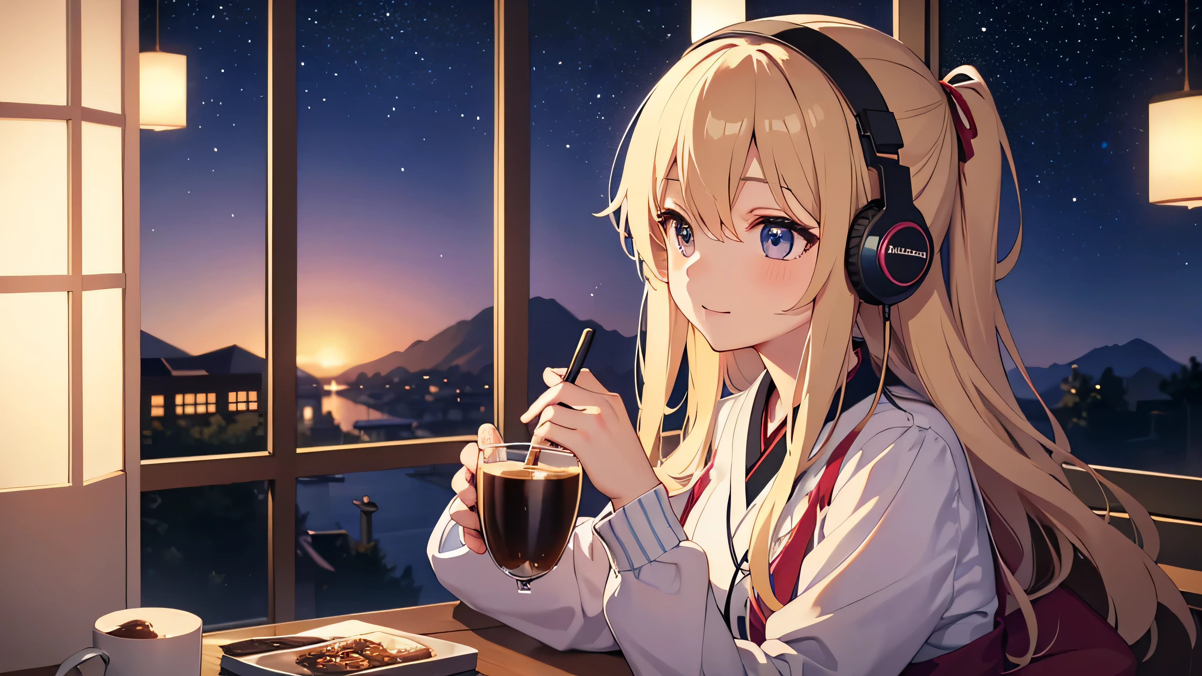 Beautiful girl enjoying coffee while listening to music on headphones in her room　The starry sky outside the room is beautiful.　Japanese anime style