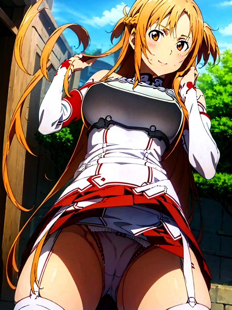 Asuna Yuki(Sword Art Online), From below， Long bronze hair,Braiding,Brown eyes,Fine grain,Big bust line,roll forward,Armature,breastplate,Long sleeve white shirt,Removable sleeves,Red and white skirt,Pleated skirt,real,Her slim legs are really cute.,Very beautiful long legs.,White knee-highs,garter,Perfect body,real,Are standing,Asuna Yuki(Sword Art Online),  panties，Embarrassing, panties， (((Skirt flip, pantiesが見えてるよ)))，Spread your legs， (((Skirt flip, pantiesが見えてるよ)))， (((Skirt flip, pantiesが見えてるよ)))， (((Skirt flip, pantiesが見えてるよ)))， (((Skirt flip, pantiesが見えてるよ)))，