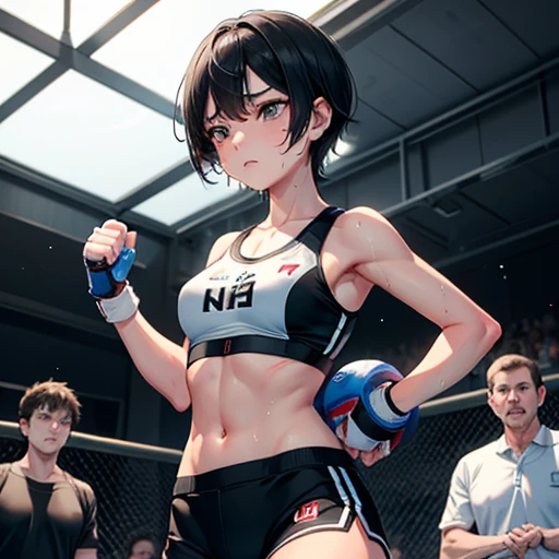 Cute slender high school girl, mixed martial arts match with female athlete in ring, pained expression, exhausted expression, sweaty, out of breath, short black hair, Just a few muscles streaks visible, small breasts, sports bra, high leg shorts, open finger gloves