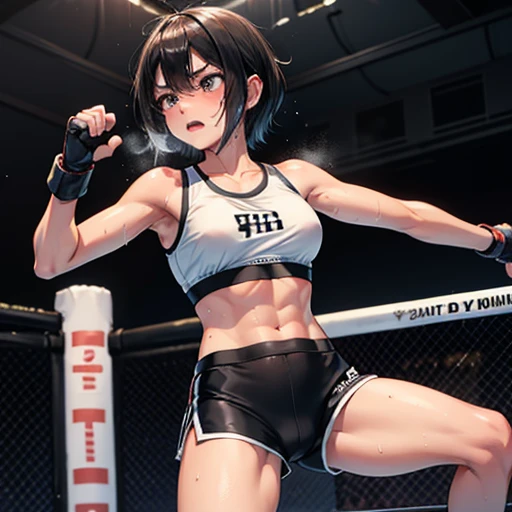 Cute slender high school girl, mixed martial arts match with female athlete in ring, pained expression, exhausted expression, sweaty, out of breath, short black hair, Just a few muscles streaks visible, small breasts, sports bra, high leg shorts, open finger gloves